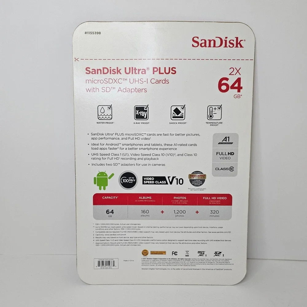 SanDisk Ultra PLUS 64GB microSDXC UHS-I Card 2-Pack with SD Adapters 100MB/s A1